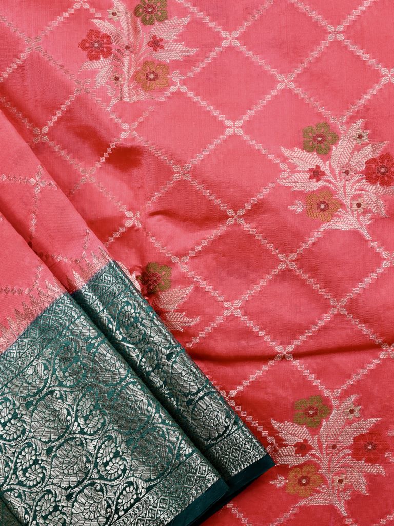 Akshara silk fancy saree dark peach color allover zari weaves & zari border with rich contrast ballu and brocade blouse