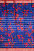 Maheshwari saree blue and red color with allover digital floral prints with zari lines, short pallu, small zari border and contrast blouse