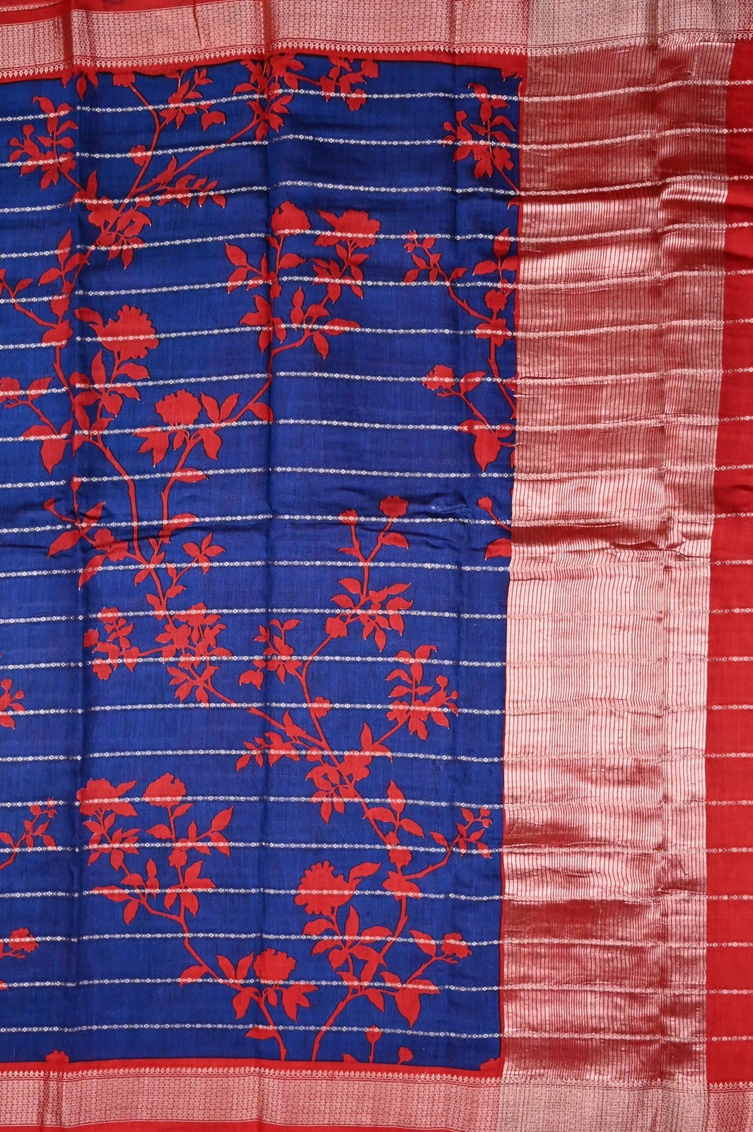 Maheshwari saree blue and red color with allover digital floral prints with zari lines, short pallu, small zari border and contrast blouse