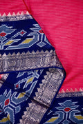 Dupion saree pink and blue color with allover zari lines, big printed border and zari border, short pallu and pain blouse.