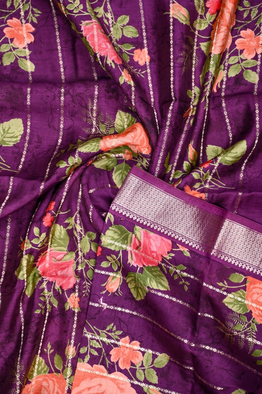 Maheshwari saree purple color with allover digital floral prints with zari lines, short pallu, small zari border and blouse