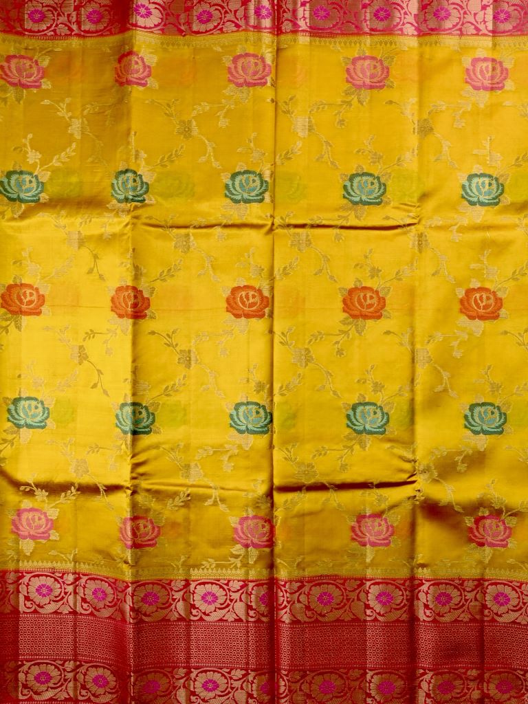 Akshara silk fancy saree golden yellow color allover zari weaves & zari border with rich contrast ballu and brocade blouse