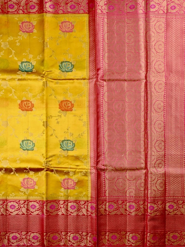 Akshara silk fancy saree golden yellow color allover zari weaves & zari border with rich contrast ballu and brocade blouse
