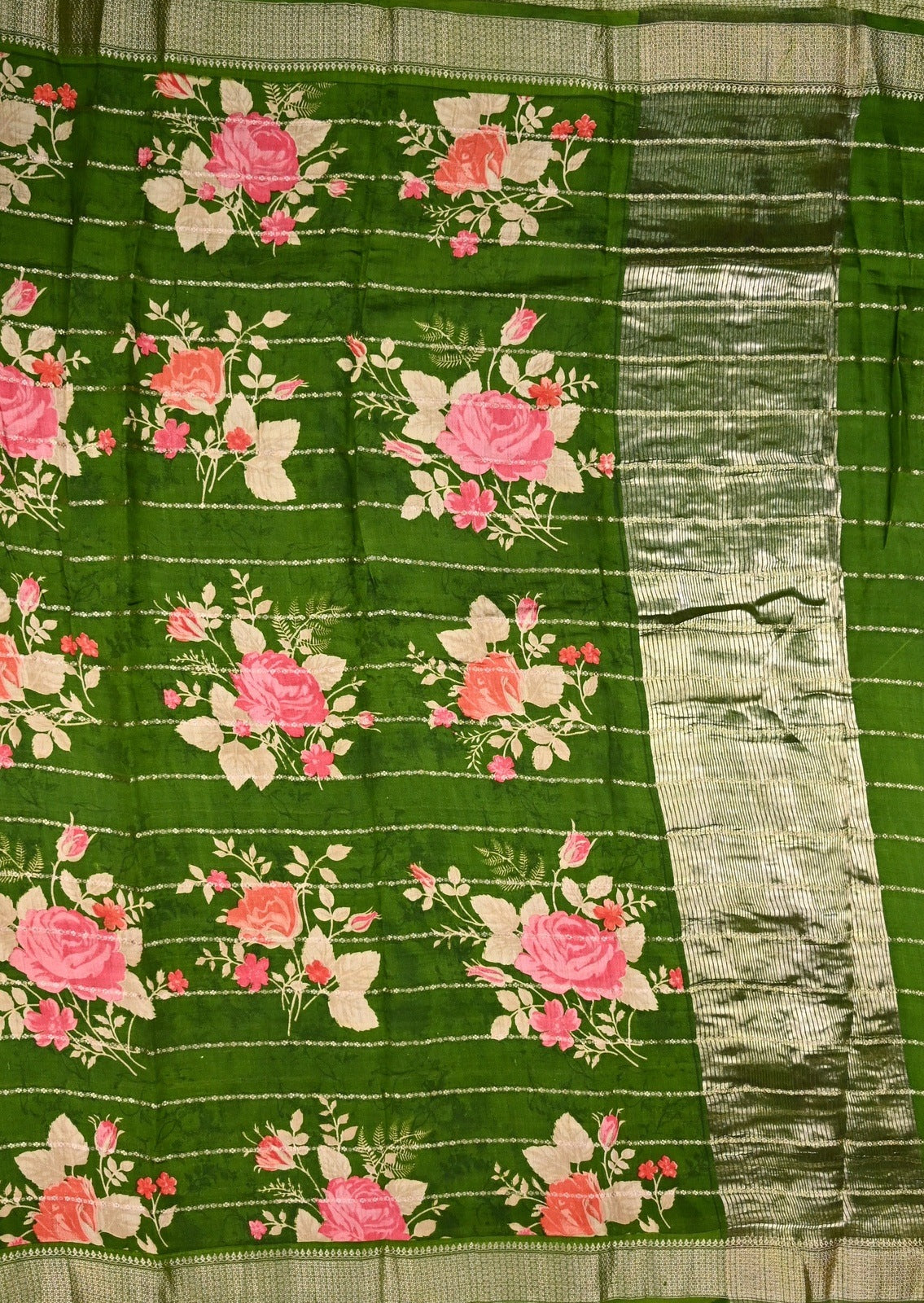 Maheshwari saree green color with allover digital floral prints with zari lines, short pallu, small zari border and blouse