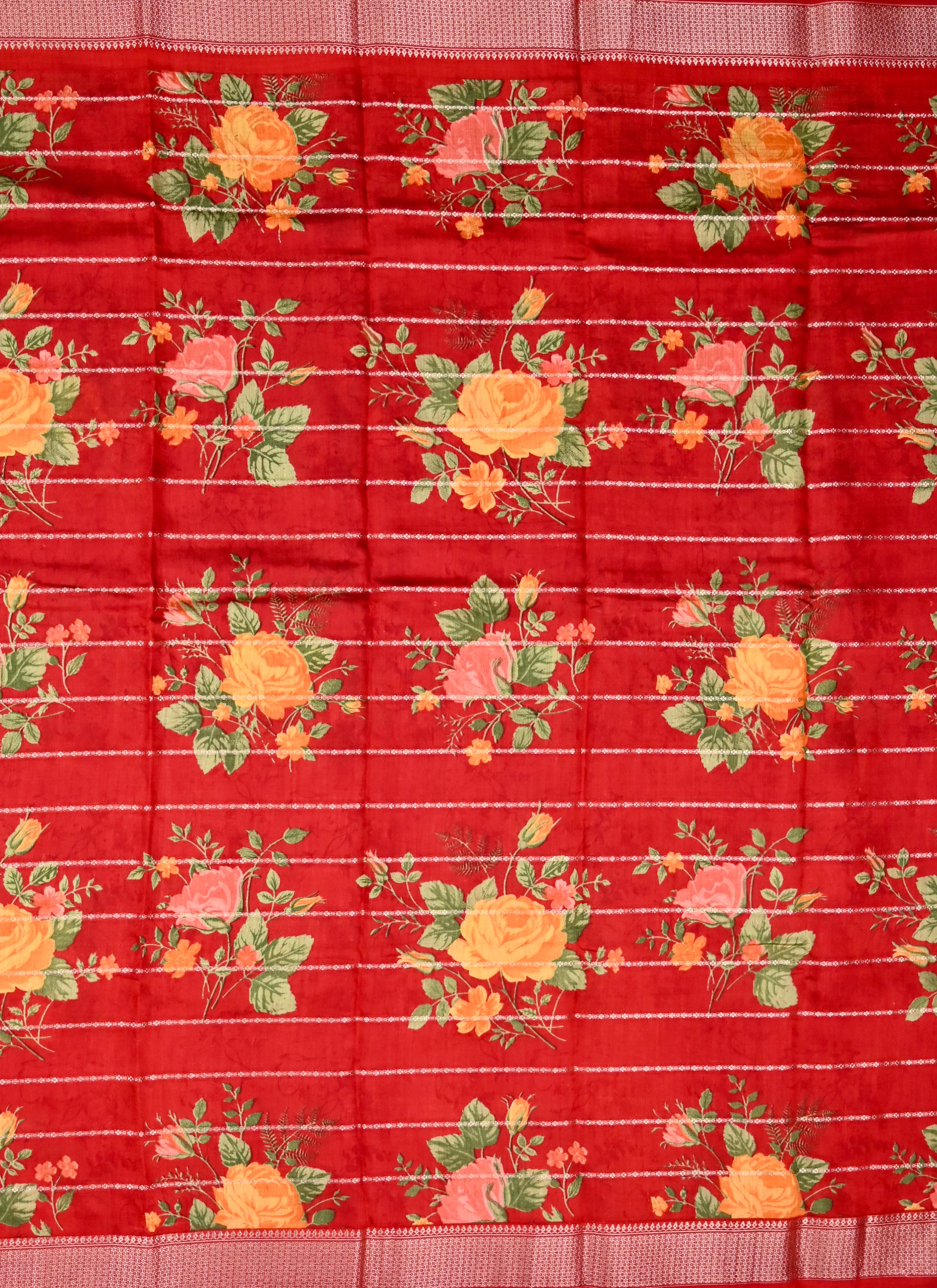 Maheshwari saree red color with allover digital floral prints with zari lines, short pallu, small zari border and blouse