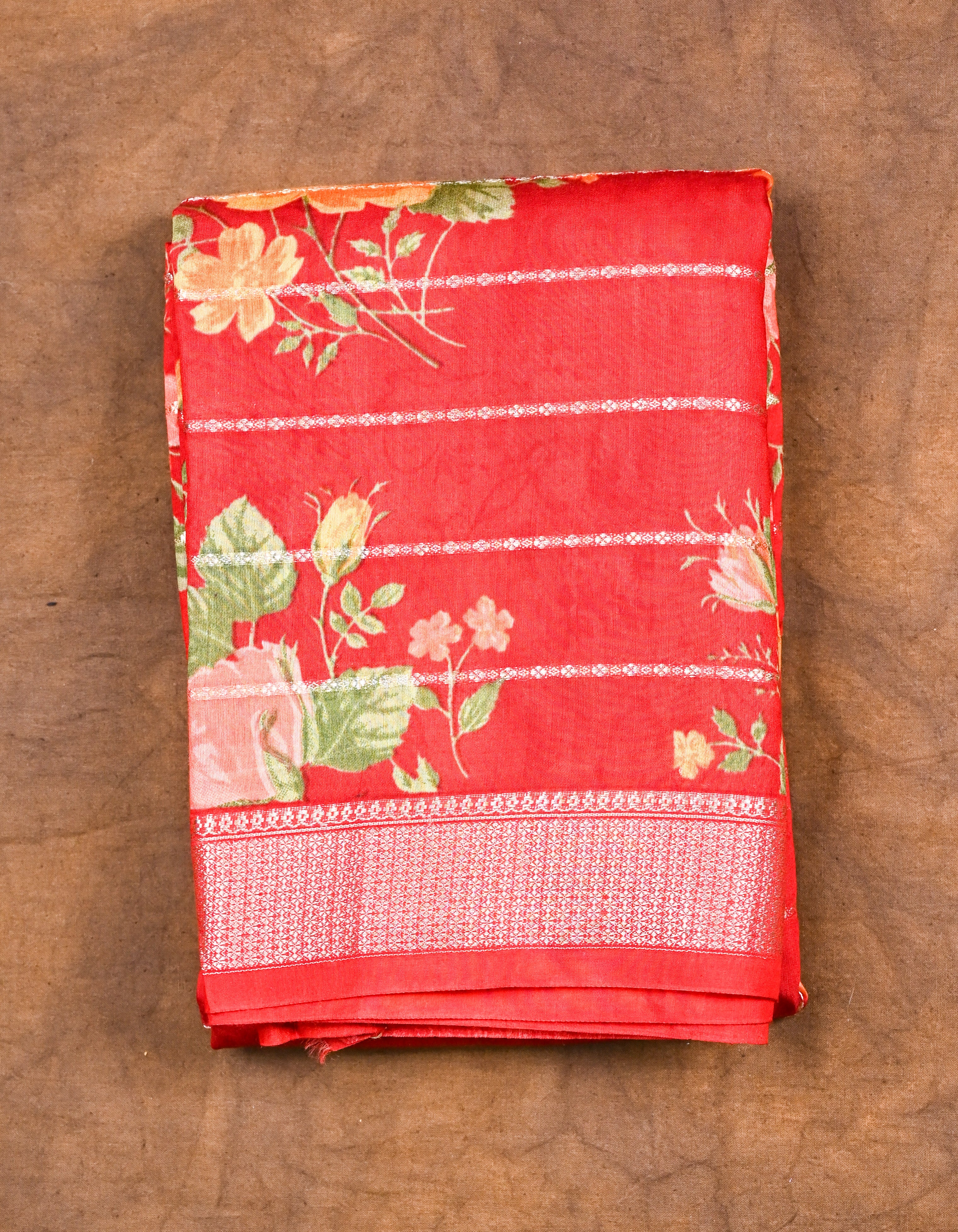 Maheshwari saree red color with allover digital floral prints with zari lines, short pallu, small zari border and blouse
