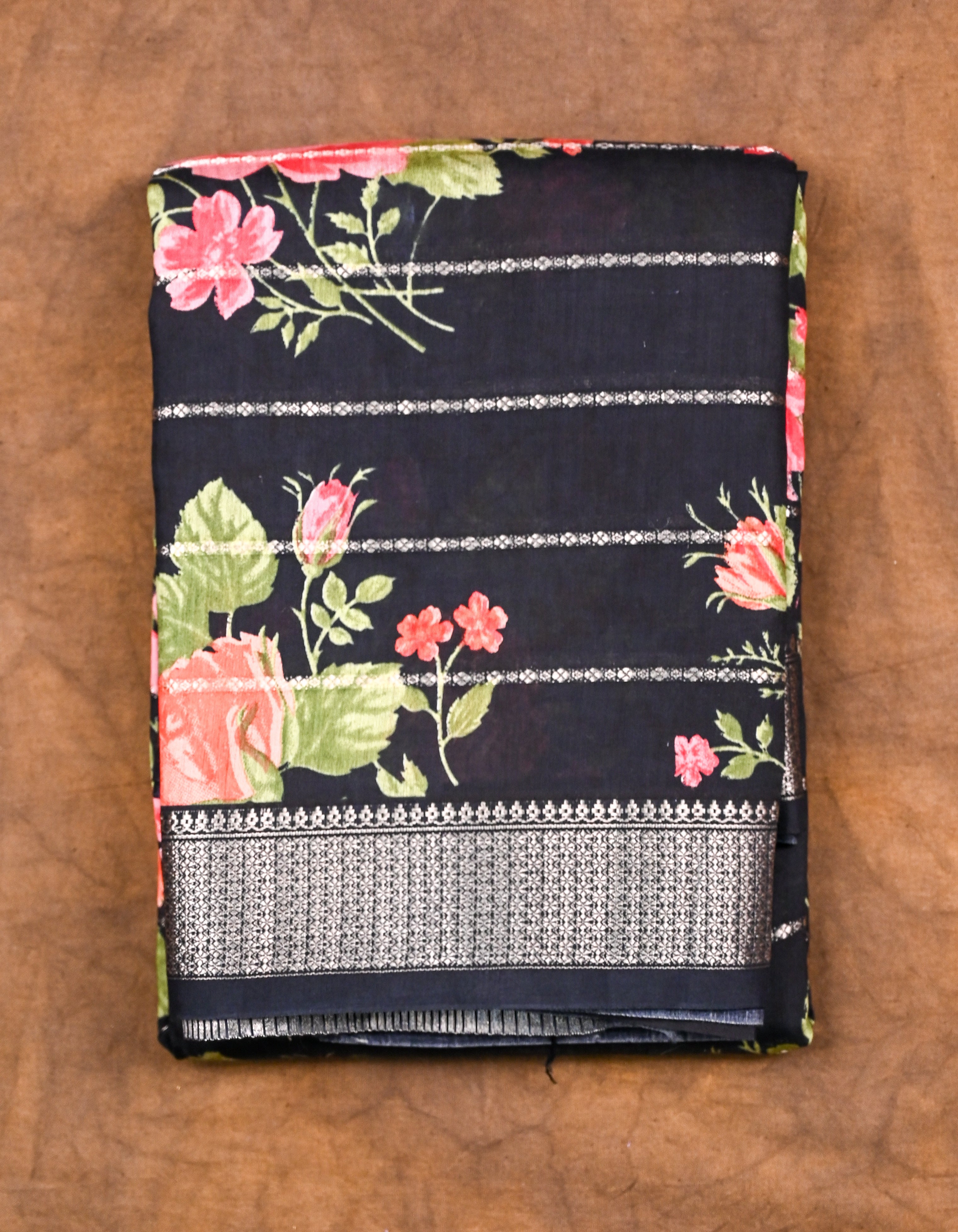Maheshwari saree black color with allover digital floral prints with zari lines, short pallu, small zari border and blouse