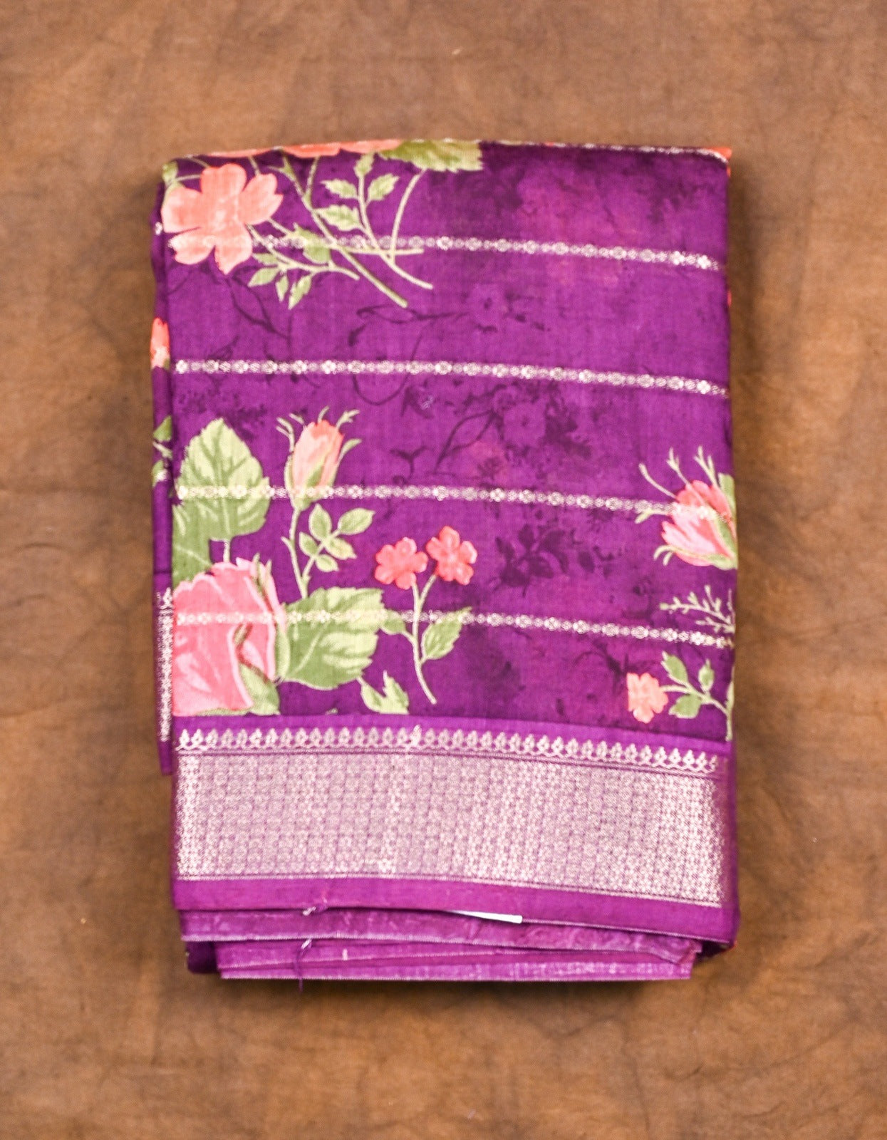 Maheshwari saree purple color with allover digital floral prints with zari lines, short pallu, small zari border and blouse