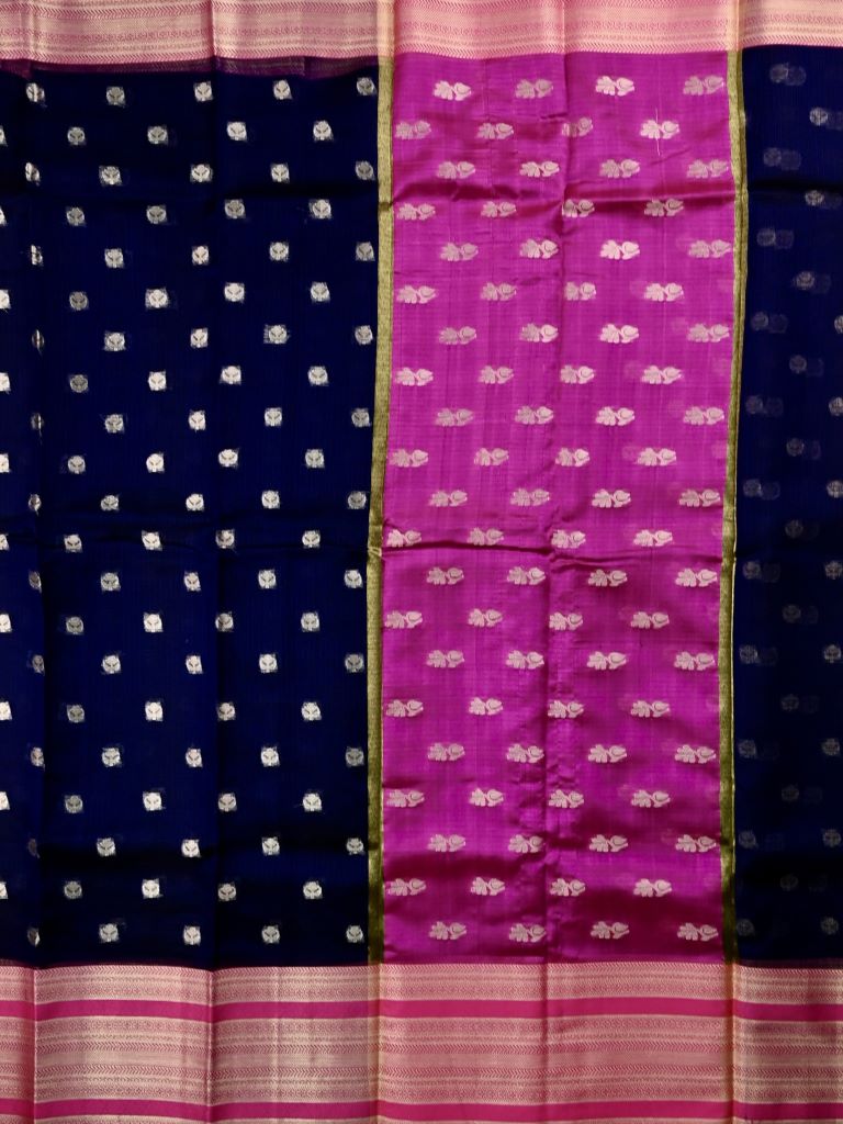 Silk kota fancy saree navy blue color allover zari motifs & zari border with contrast pallu and attached plain blouse
