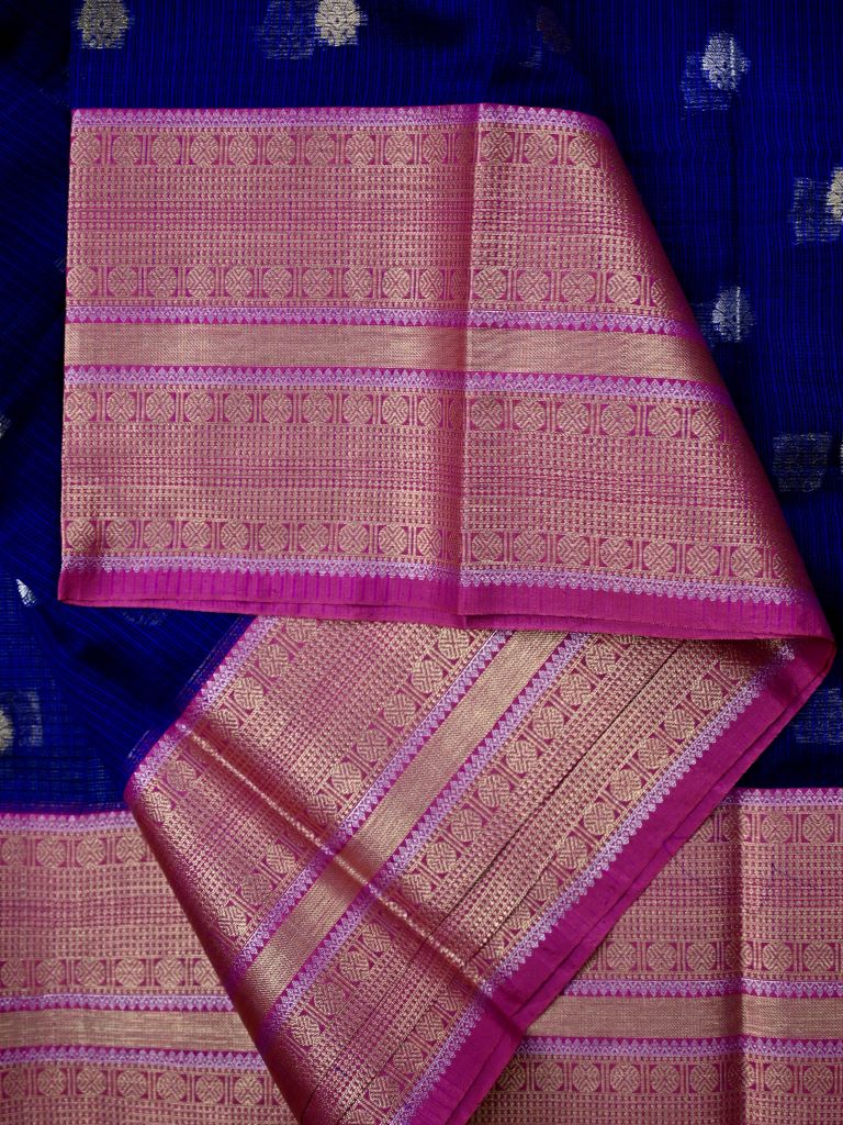 Silk kota fancy saree royal blue color allover zari motifs & zari border with contrast pallu and attached plain blouse