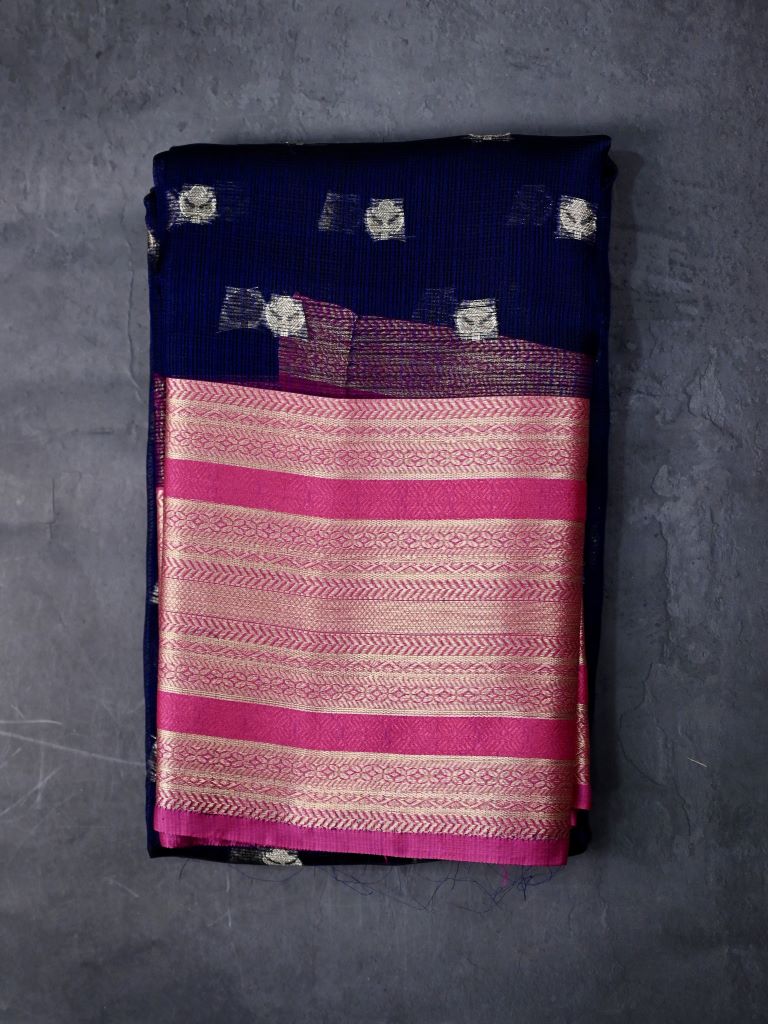 Silk kota fancy saree navy blue color allover zari motifs & zari border with contrast pallu and attached plain blouse