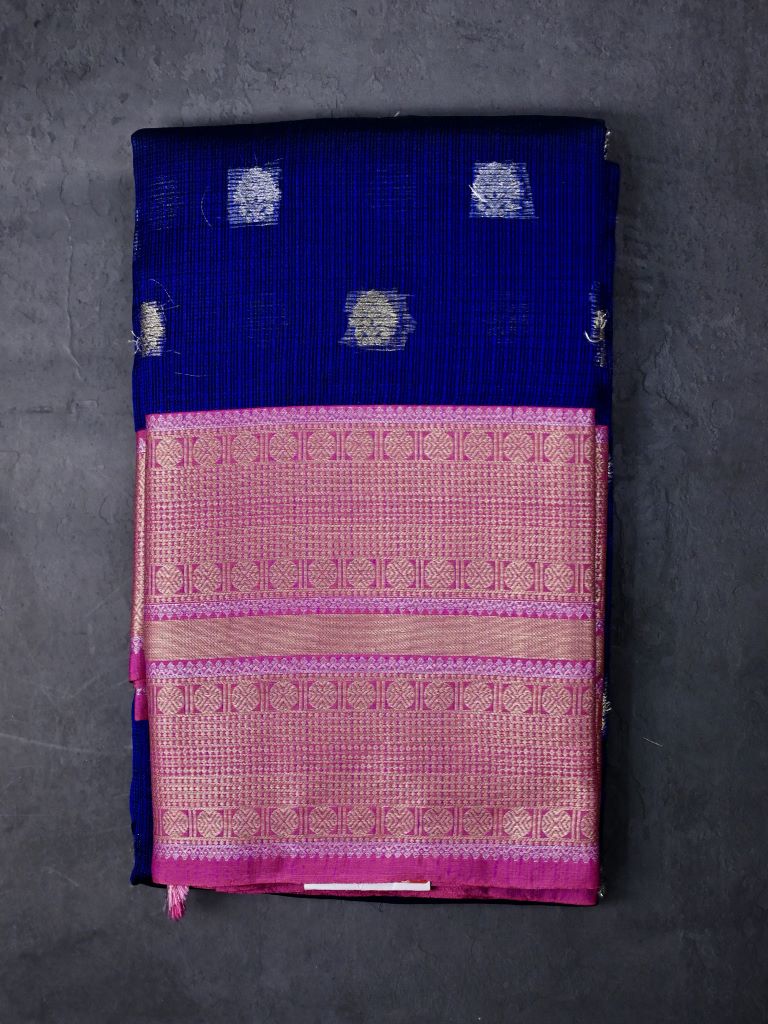 Silk kota fancy saree royal blue color allover zari motifs & zari border with contrast pallu and attached plain blouse