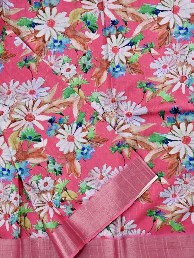 Tussar fancy saree pink color allover digital prints & small kaddi border with printed pallu and printed blouse