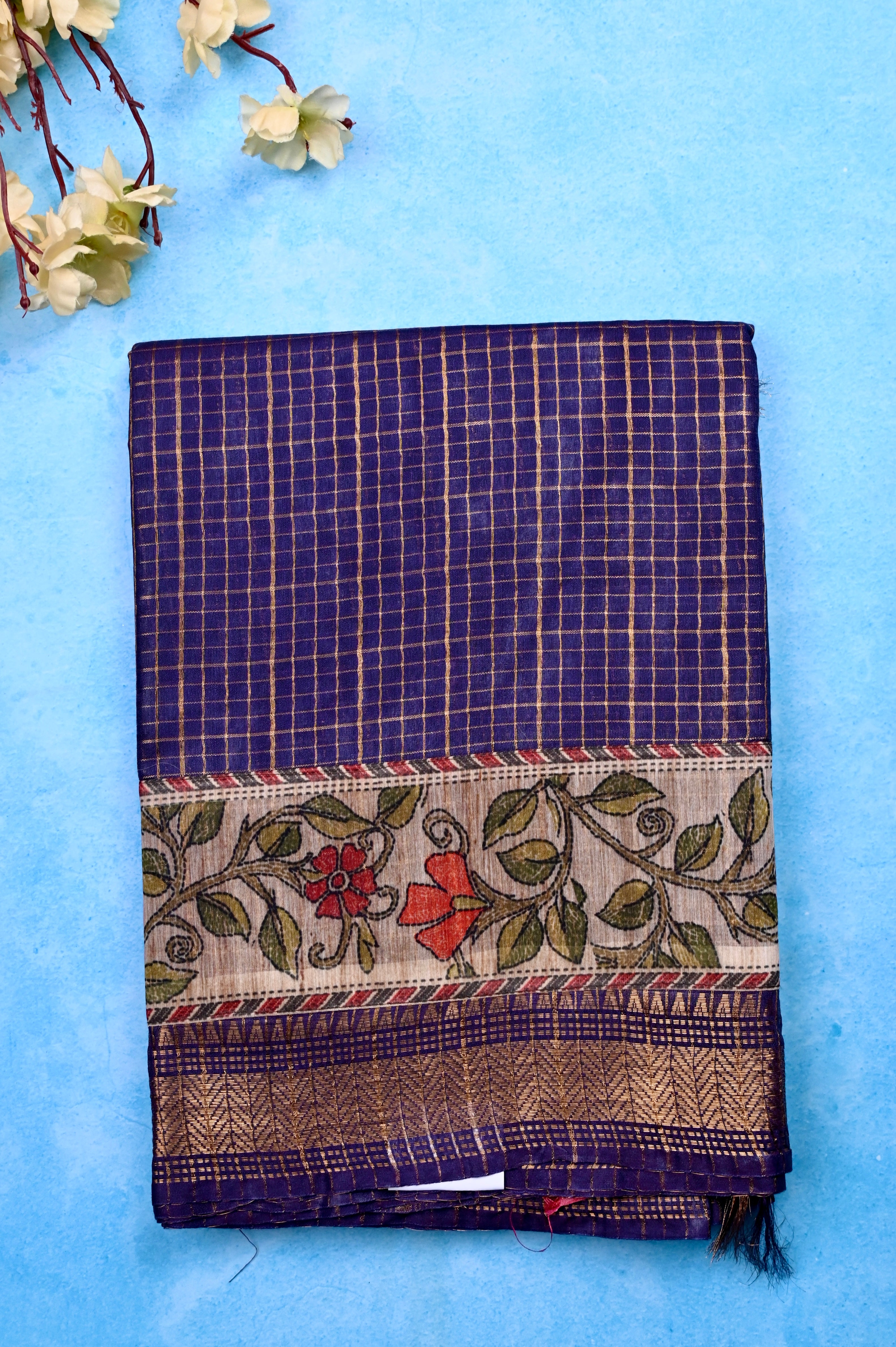 Bagalpur fancy sarees blue color with allover zari checks with printed & zari weaving border with big pallu, printed and checks blouse.