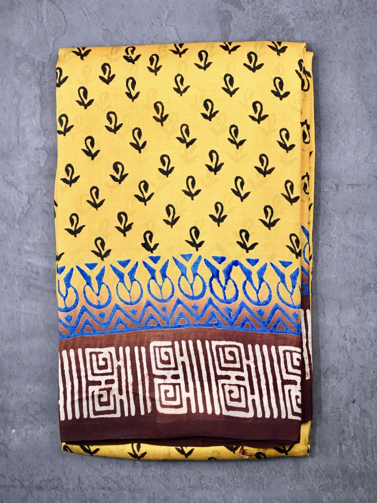 Pure silk fancy saree golden yellow color allover prints & small printed border with contrast printed pallu and plain blouse