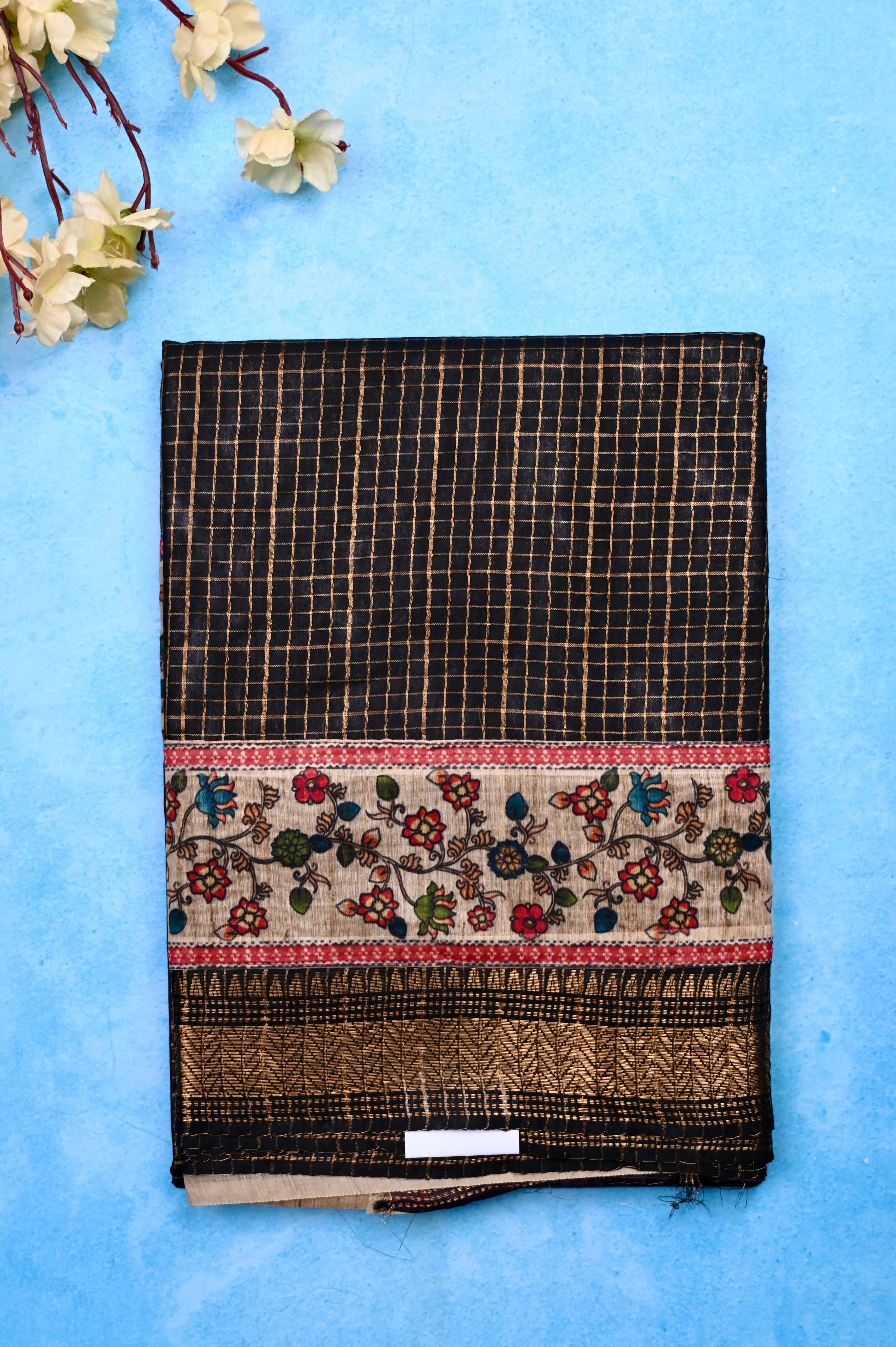 Bagalpur fancy sarees black color with allover zari checks with printed & zari weaving border with big pallu, printed and checks blouse.