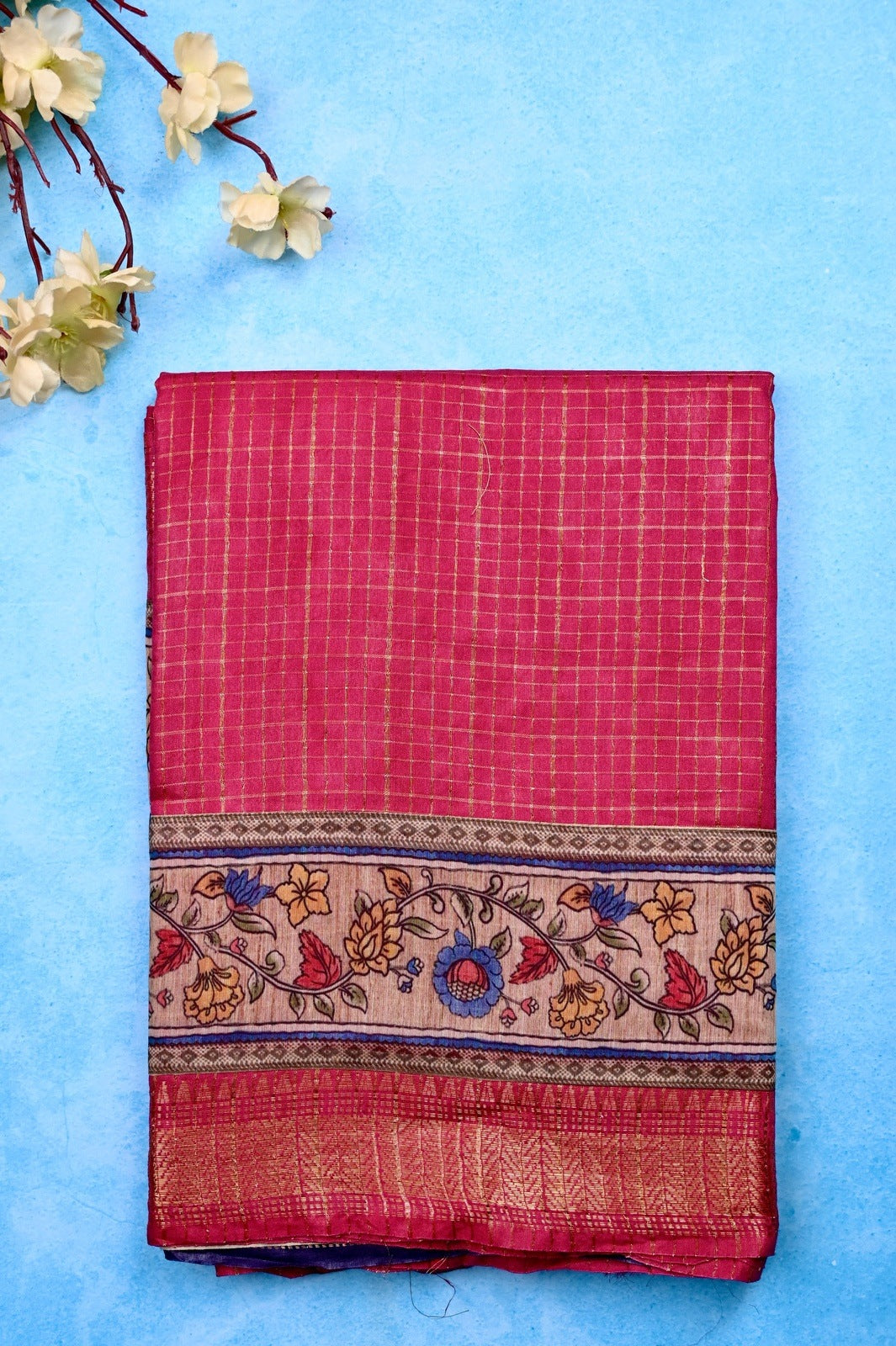 Bagalpur fancy saree pink color with allover zari checks with printed & zari weaving border with big pallu, printed and checks blouse.