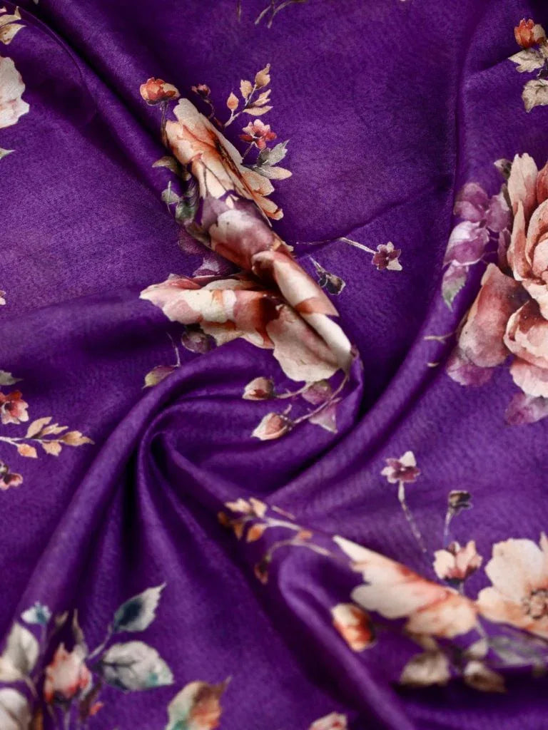 Tussar fancy saree violet color allover digital prints & zari border with printed pallu and printed blouse