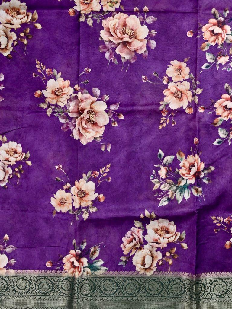 Tussar fancy saree violet color allover digital prints & zari border with printed pallu and printed blouse