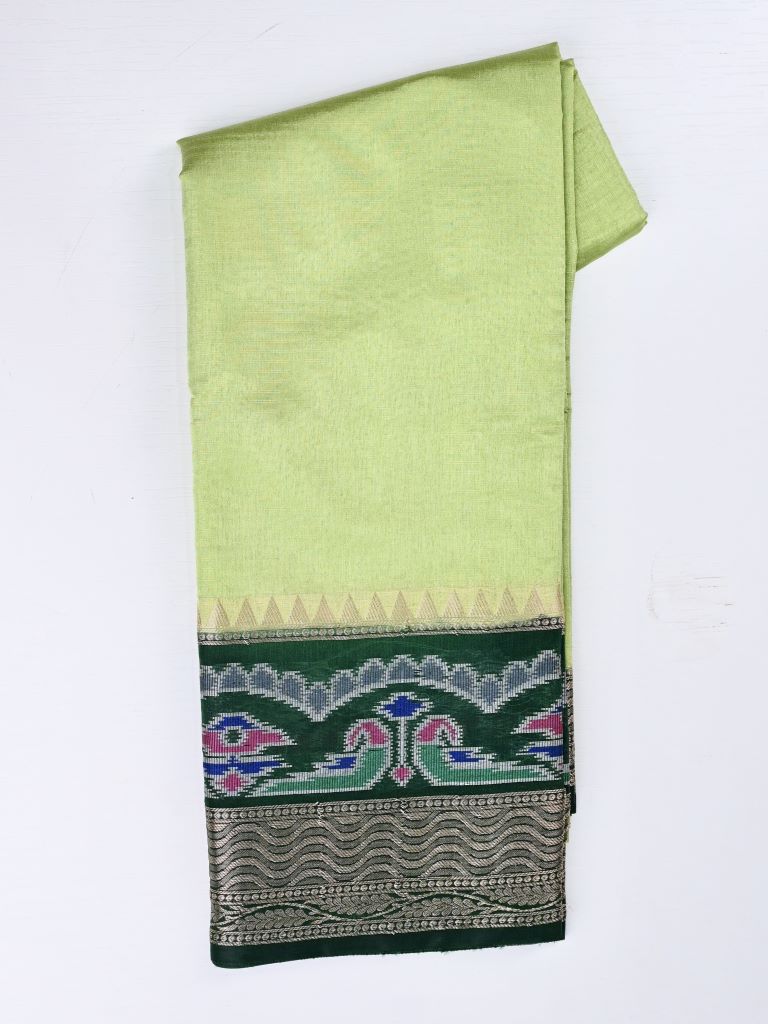 Dupion fancy saree light green color allover stripes & zari border with zari pallu and plain contrast blouse