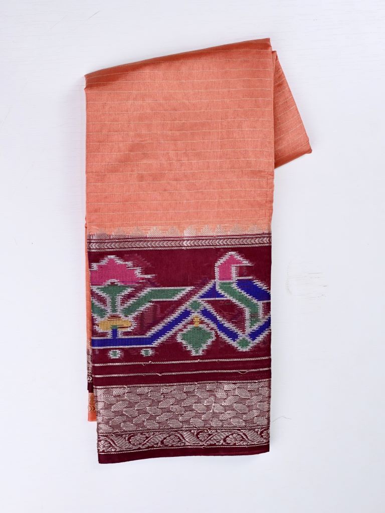 Dupion fancy saree light orange color allover stripes & zari border with zari pallu and plain contrast blouse