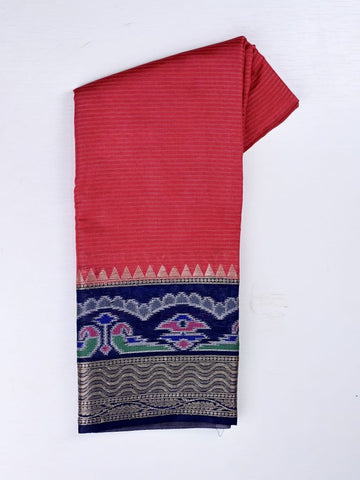 Dupion fancy saree red color allover stripes & zari border with zari pallu and plain contrast blouse