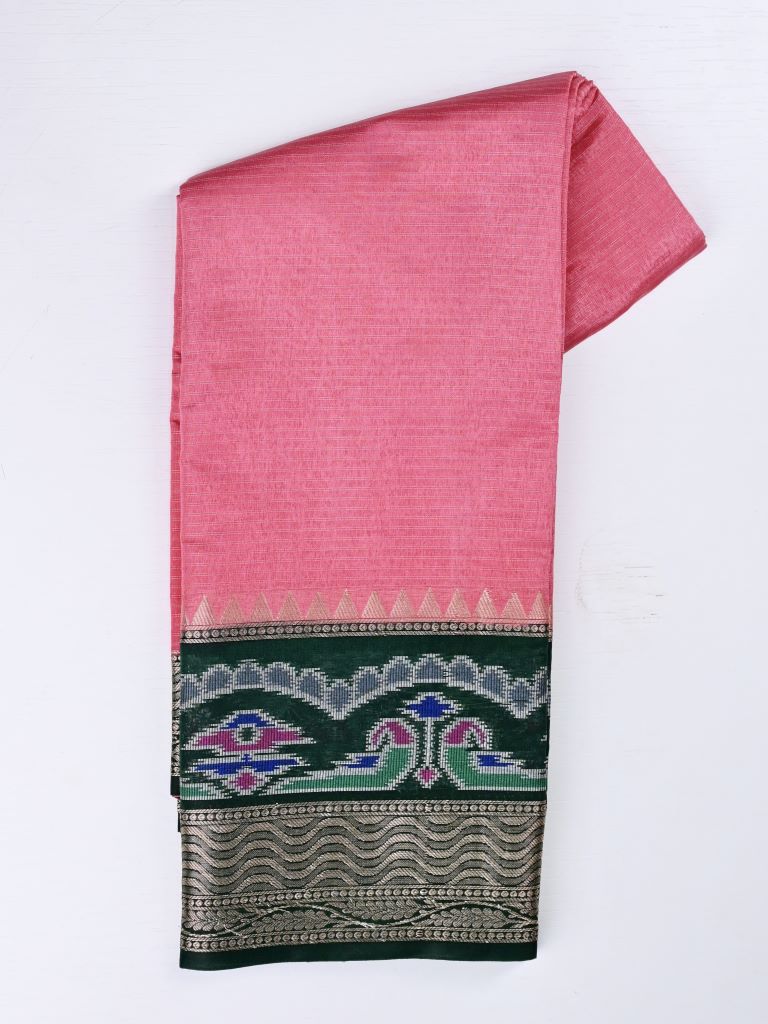 Dupion fancy saree light pink color allover stripes & zari border with zari pallu and plain contrast blouse