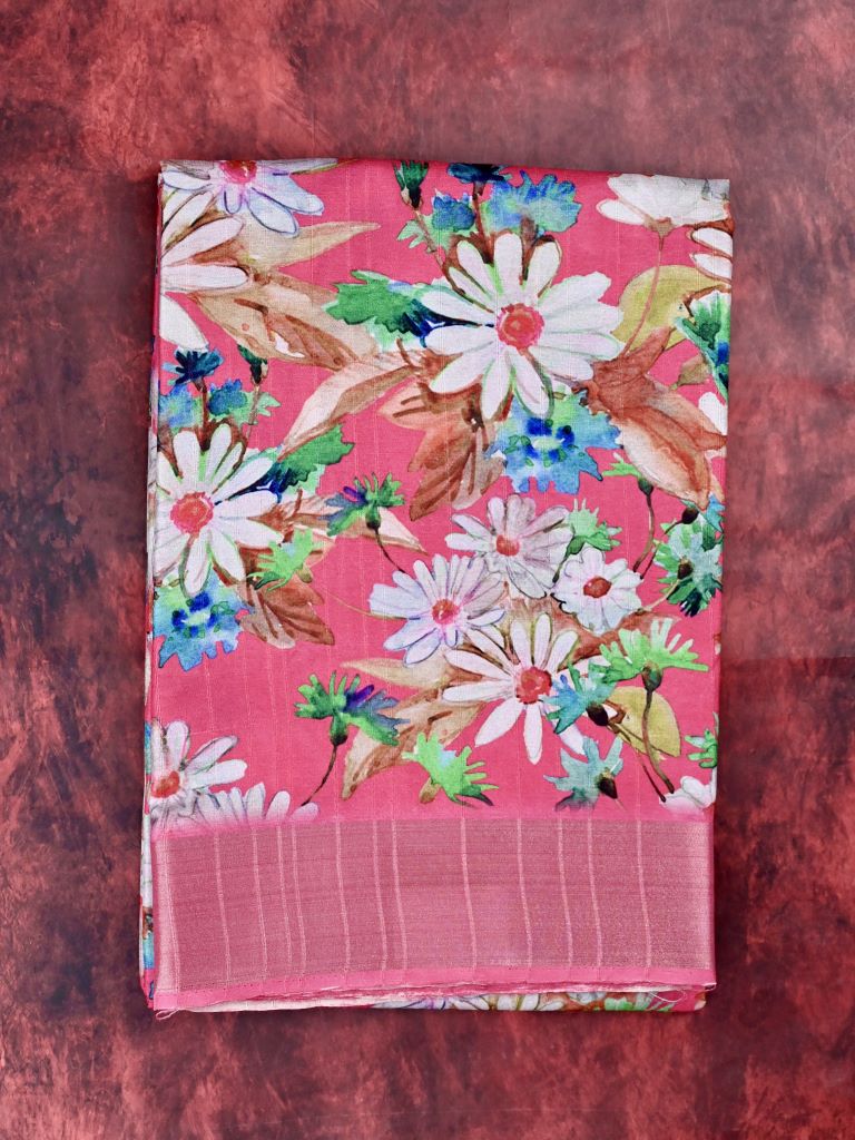 Tussar fancy saree pink color allover digital prints & small kaddi border with printed pallu and printed blouse