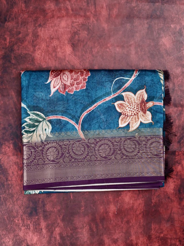 Tussar fancy saree dark blue color allover digital prints & zari border with printed pallu and printed blouse