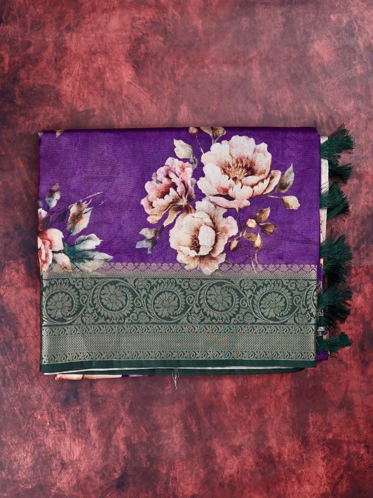 Tussar fancy saree violet color allover digital prints & zari border with printed pallu and printed blouse