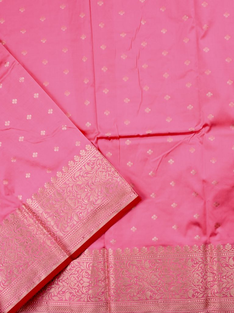 Banaras fancy saree baby pink color allover zari motifs & zari border with rich pallu and plain contrast blouse