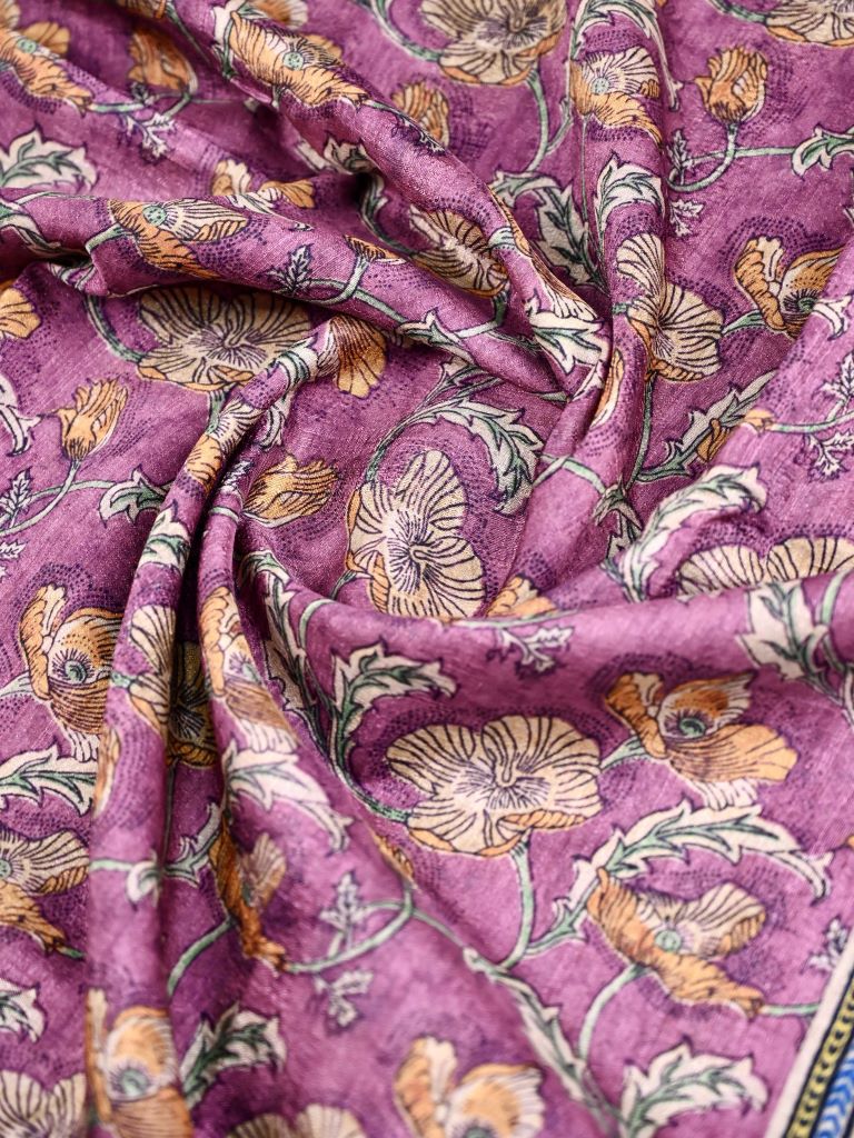 Tussar fancy saree purple color allover prints & small kaddi border with printed pallu and plain blouse