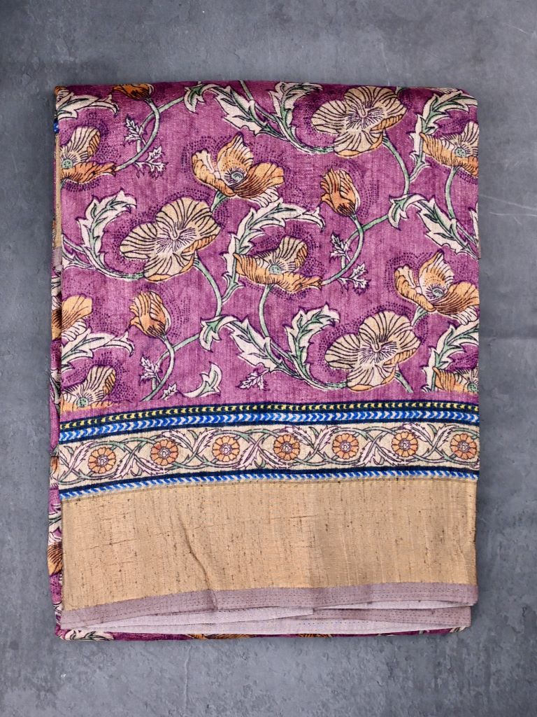 Tussar fancy saree purple color allover prints & small kaddi border with printed pallu and plain blouse