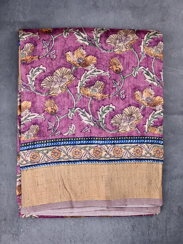 Tussar fancy saree purple color allover prints & small kaddi border with printed pallu and plain blouse