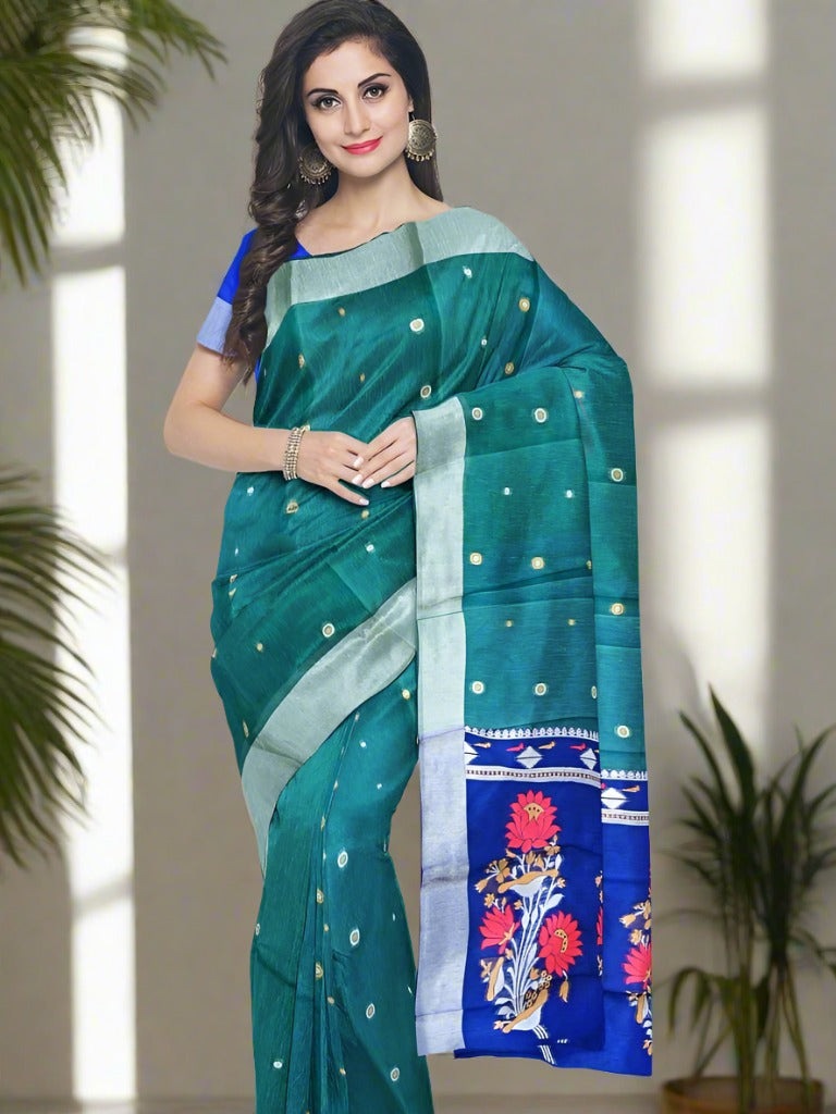 Jute silk fancy saree leaf green color allover motifs & zari border with paithani and plain contrast blouse