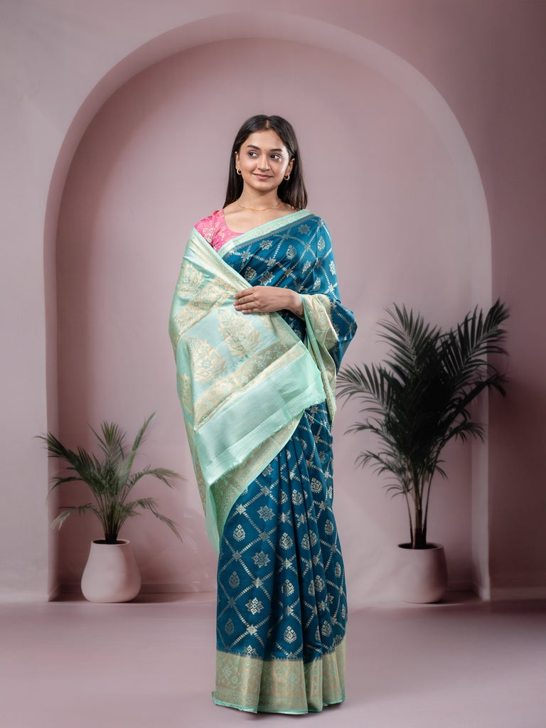 Raw mango pattu saree peacock blue color allover zari weaves & zari border with rich pallu and contrast plain blouse