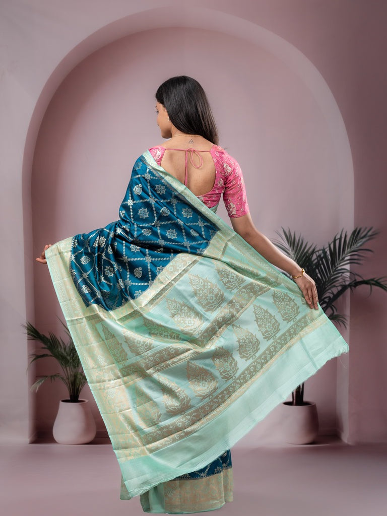 Raw mango pattu saree peacock blue color allover zari weaves & zari border with rich pallu and contrast plain blouse