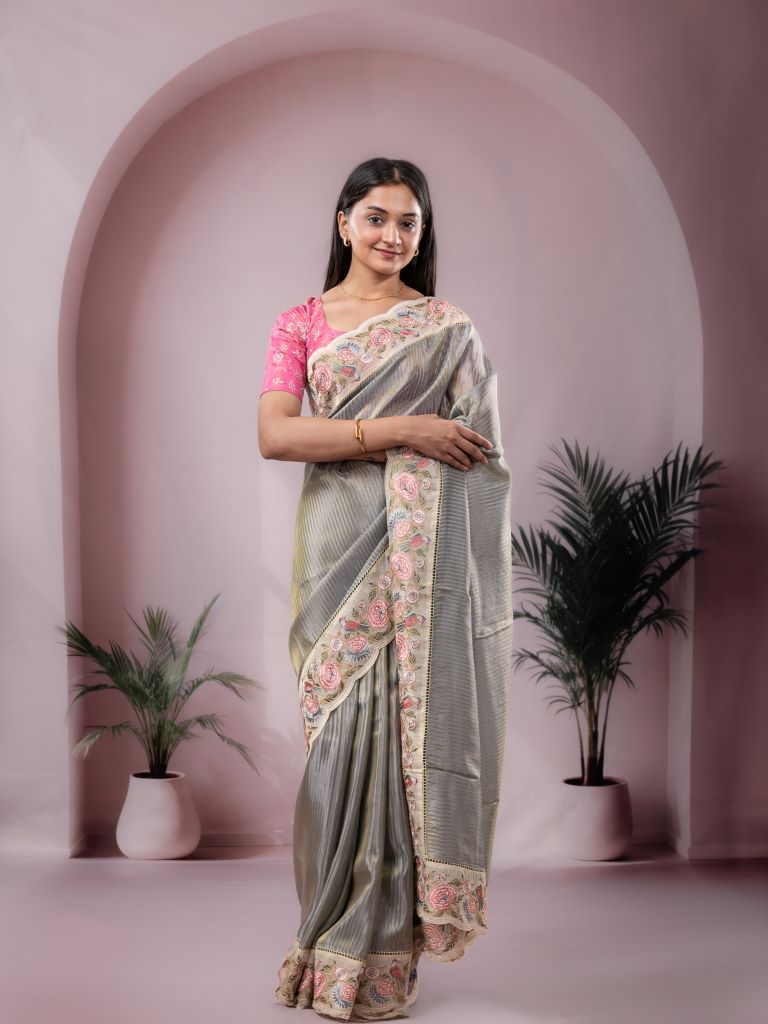 Dola tissue fancy saree grey color allover stripes & designer fancy border with running pallu and embroidery blouse