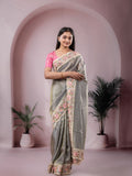 Dola tissue fancy saree grey color allover stripes & designer fancy border with running pallu and embroidery blouse