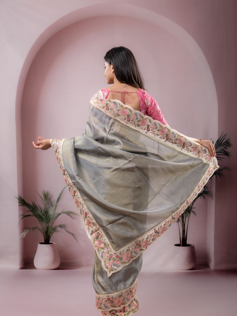 Dola tissue fancy saree grey color allover stripes & designer fancy border with running pallu and embroidery blouse