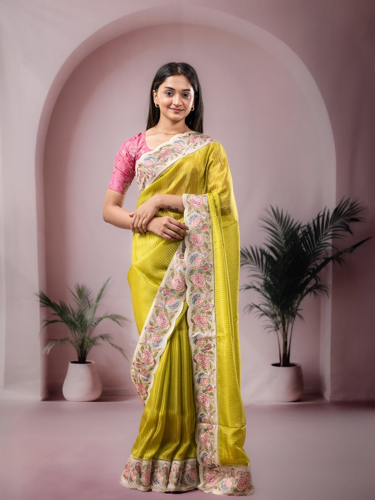 Dola tissue fancy saree parrot green color allover stripes & embroidery cutwork border with running pallu and plain blouse