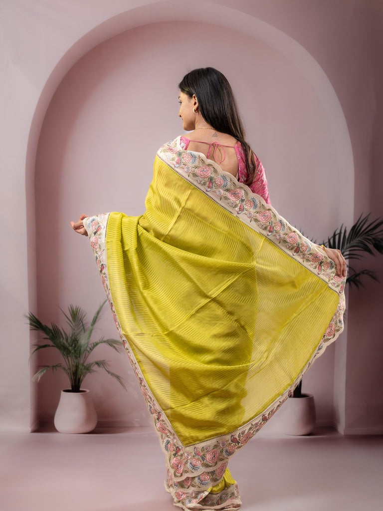Dola tissue fancy saree parrot green color allover stripes & embroidery cutwork border with running pallu and plain blouse
