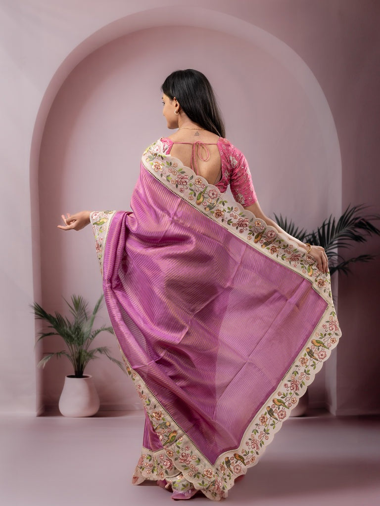 Dola tissue fancy saree purple color allover stripes & embroidery cutwork border with running pallu and plain blouse
