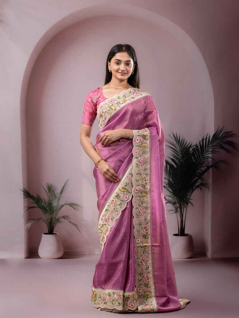 Dola tissue fancy saree purple color allover stripes & embroidery cutwork border with running pallu and plain blouse