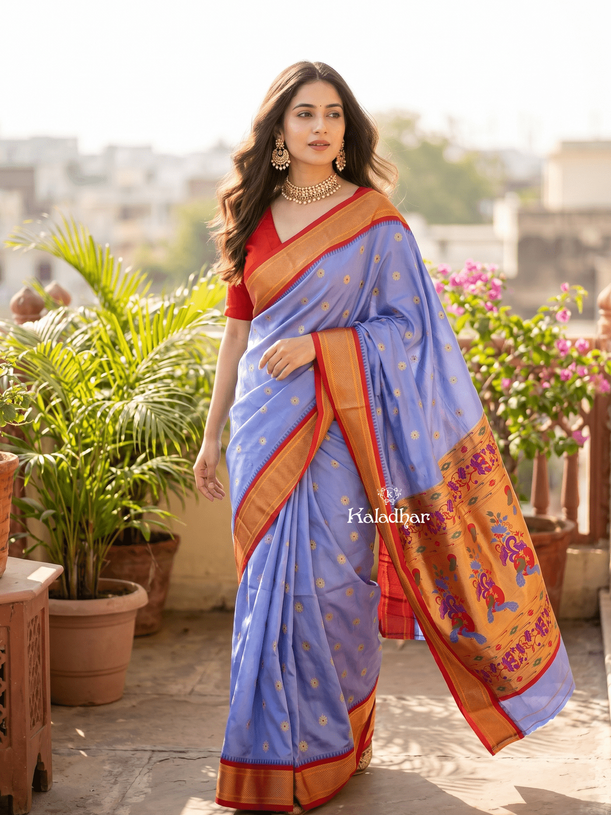 Narayanpet pattu saree allover zari motifs with paithani pallu and contrast blouse