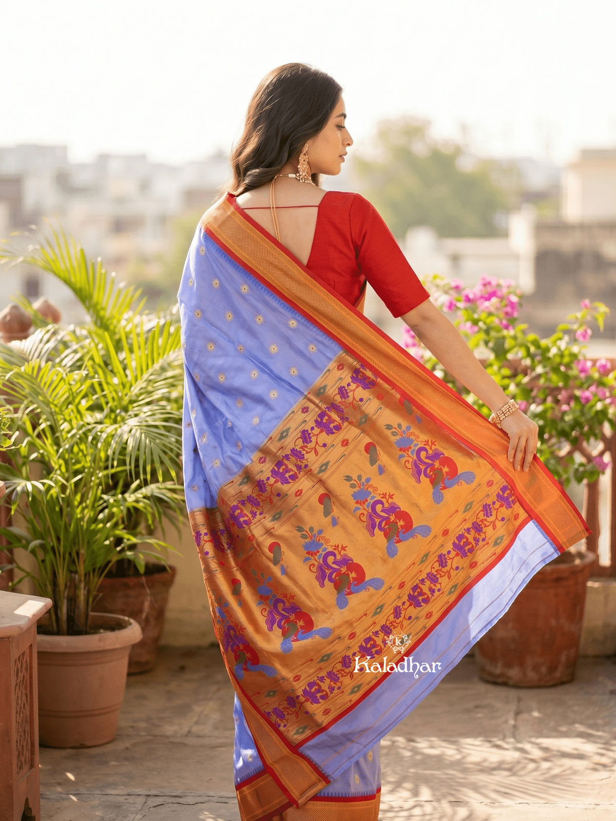 Narayanpet pattu saree allover zari motifs with paithani pallu and contrast blouse