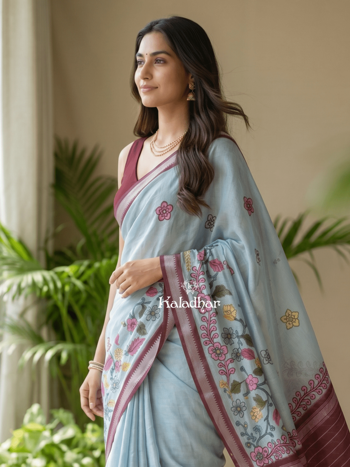 Mangalagiri fancy printed saree in light blue color with zari border and plain contrast blouse