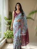 Mangalagiri fancy printed saree in light blue color with zari border and plain contrast blouse