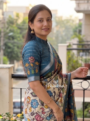 Mangalagiri fancy printed saree in white color with zari border and plain contrast blouse