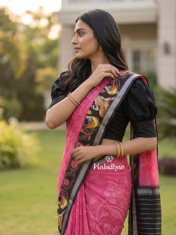 Mangalagiri fancy printed saree in pink color with zari border and plain contrast blouse